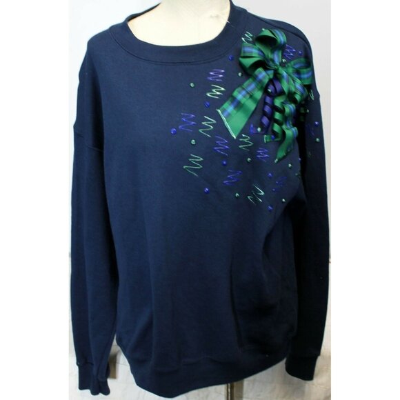 Hand Decorated Navy Sweatshirt Plaid 3D Bow Painted Design Women L Platinum Swea - Picture 1 of 7